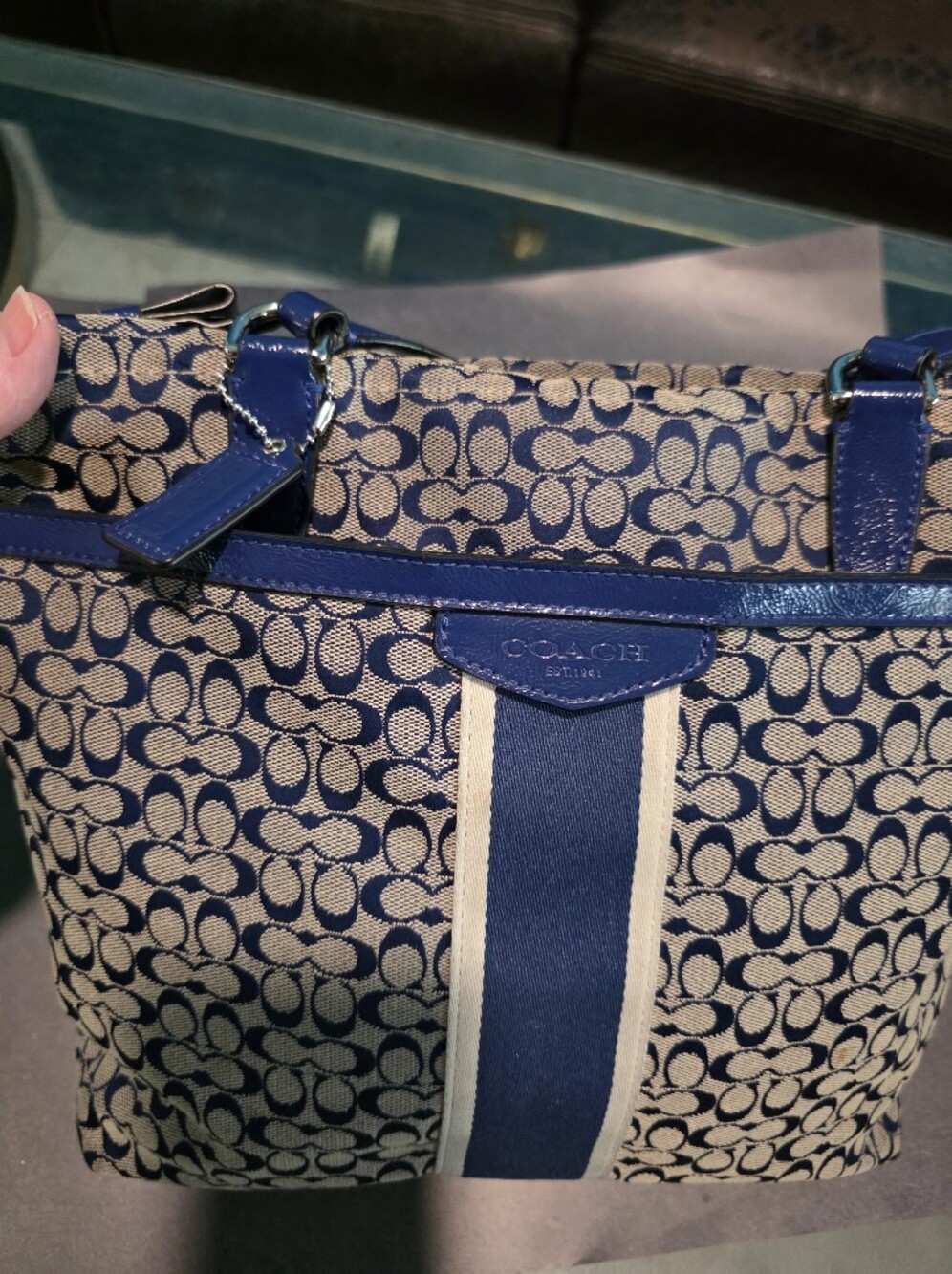 Coach Signature Jacquard Tote in Blue and Tan